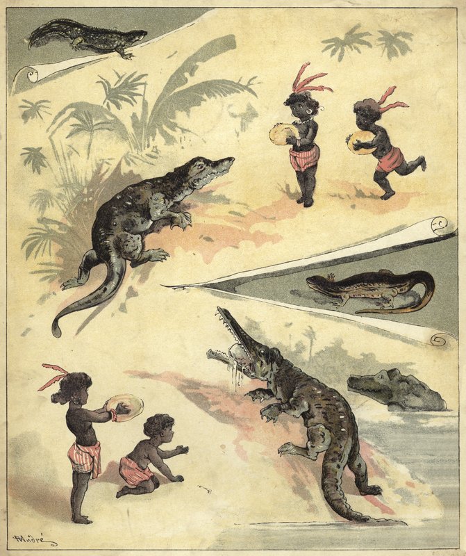 Afrikanske børn leger med krokodiller (chromolitho) af Richard Andre