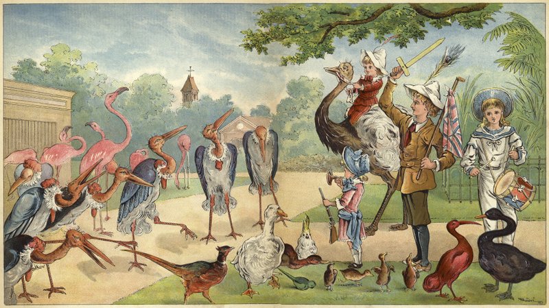 Børn henvender sig til fuglene i zoologisk have (chromolitho) af Richard Andre