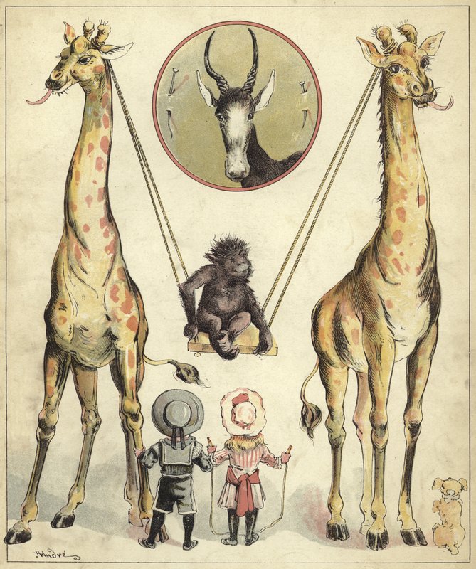 Giraffer leger med abe (chromolitho) af Richard Andre