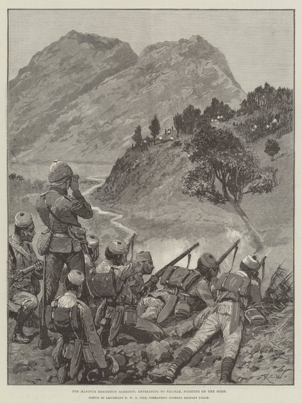 Manipur Residency Garrison trækker sig tilbage til Silchar og kæmper på vejen af Richard Caton Woodville junior