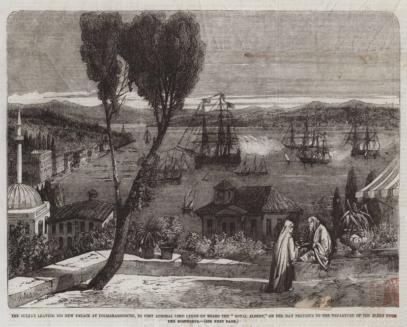 Sultanen forlader sit nye palads ved Dolmabaghdsche for at besøge admiral Lord Lyons om bord på Royal Albert, dagen før flådens afgang fra Bosporus af Richard Principal Leitch