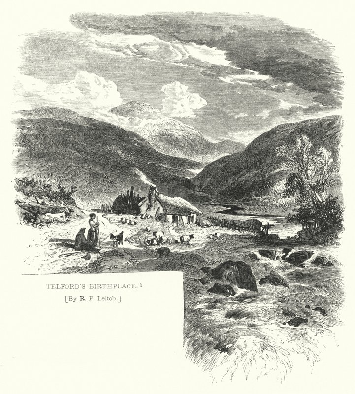 Telfords fødested (gravering) af Richard Principal (after) Leitch