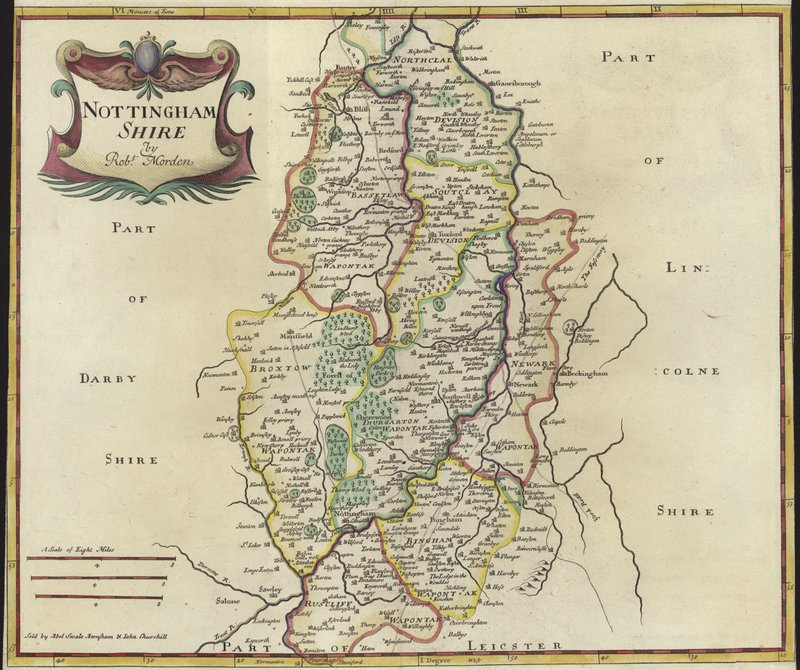 Kort over Nottinghamshire (farvegravering) af Robert Morden