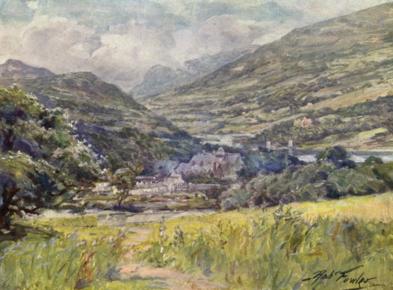 Bodnant Hall, Conway Valley (farve litho) af Robert (after) Fowler