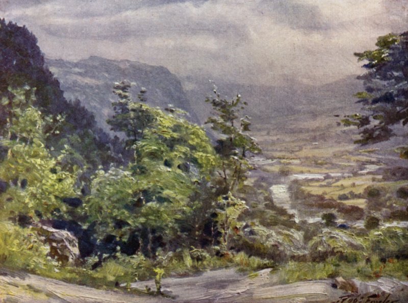 Conway Valley (farve litho) af Robert (after) Fowler