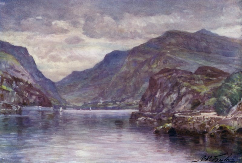 Snowdon fra Llanberis Lake (farve litho) af Robert (after) Fowler
