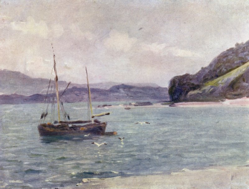 The Beach, Beaumaris (farve litho) af Robert (after) Fowler