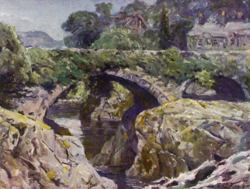 Den gamle bro, Bettws-y-Coed (farve litho) af Robert (after) Fowler