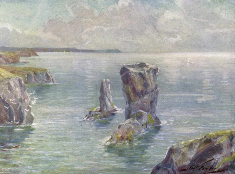 The Stacks, nær Tenby (farve litho) af Robert (after) Fowler
