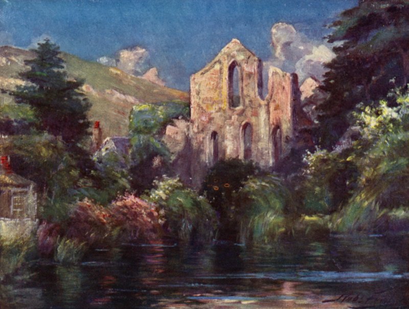 Valle Crucis Abbey (farve litho) af Robert (after) Fowler
