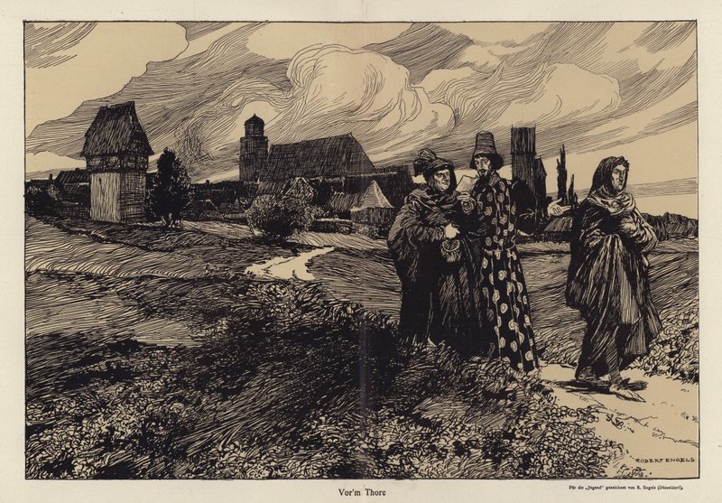 Før porten (litho) af Robert Engels