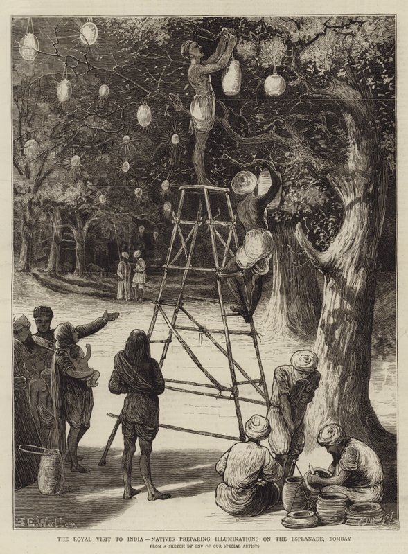 Det kongelige besøg i Indien, indfødte forbereder illuminationer på Esplanaden, Bombay af Samuel Edmund Waller