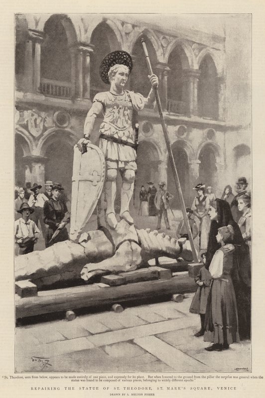 Reparation af statuen af St Theodore, Markuspladsen, Venedig af Samuel Melton Fisher