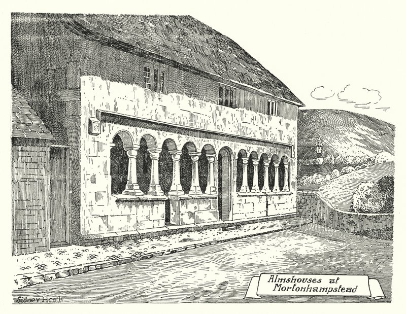 Almshuse ved Mortonhampstead (gravering) af Sidney Heath