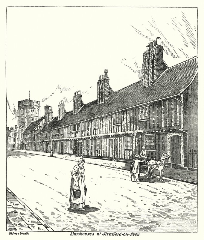 Almhuse i Stratford-on-Avon (gravering) af Sidney Heath