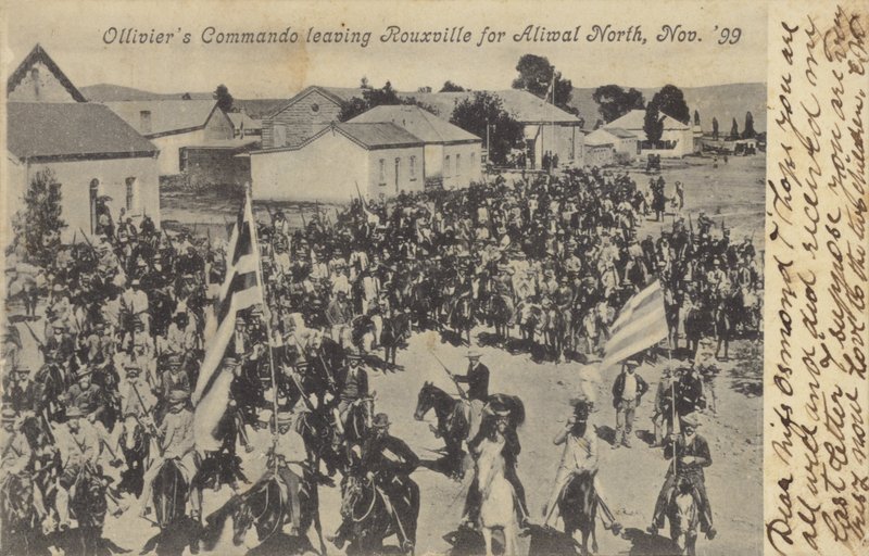 Postkort, der viser Olliviers Commando, der forlader Rouxville af South African Photographer