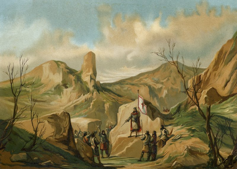 Pelagius af Asturias ved Covadonga, Spanien, c722 af Spanish School