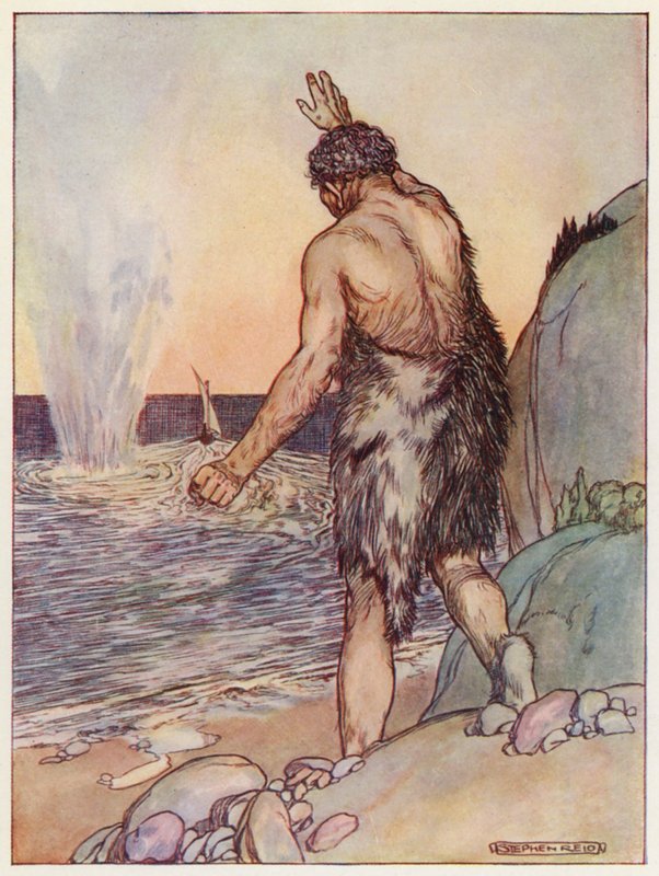 Polyfemos slynget, en stor klippe (farvelitografi) af Stephen Reid