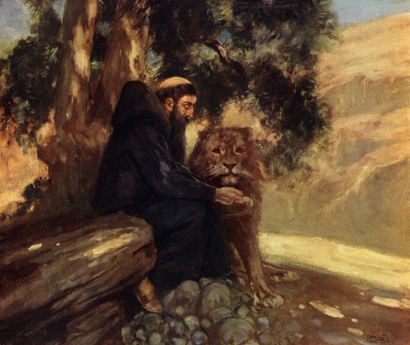 Sankt Hieronymus og Løven (farve litho) af Stephen Reid