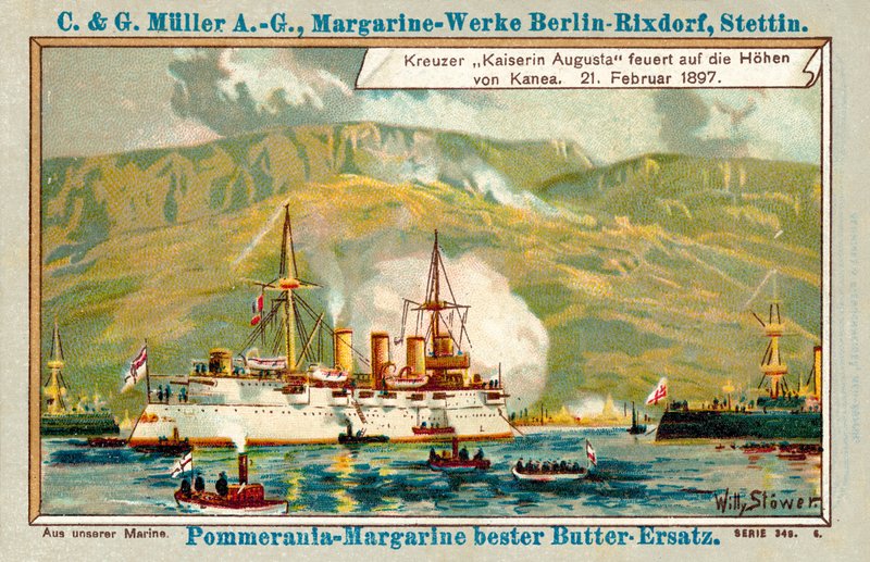 Den tyske krydser Kaiserin Augusta skyder på højderne af Chania, Kreta, 21. februar 1897 (chromolitho) af Stoewer Willy