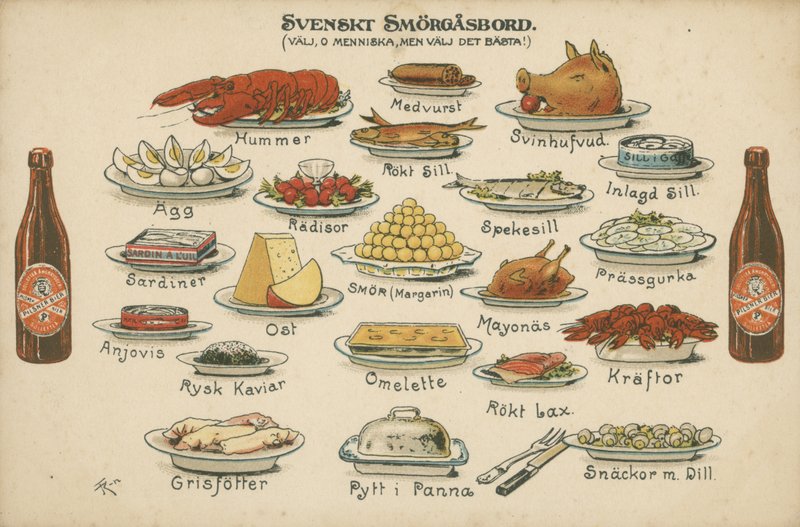 Svensk smorgasbord (farve litho) af Swedish School