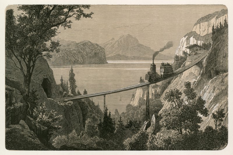 Rigi-jernbanen, der ser mod Pilatus-bjerget af Swiss School