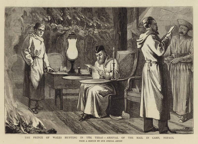 Prinsen af Wales på jagt i Terai, postens ankomst i lejren, Nepal af Theodore Blake Wirgman