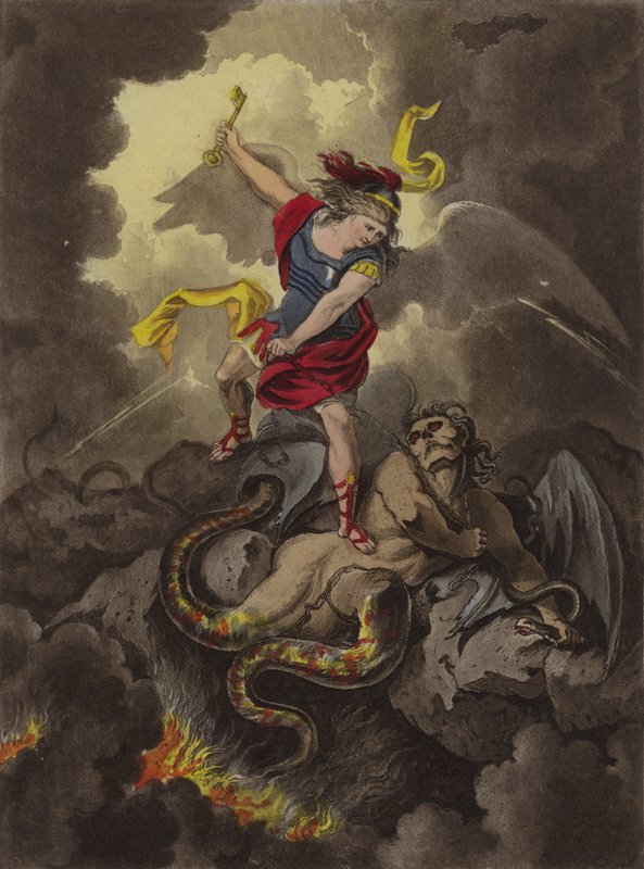Satan lænket (ætsning) af Theodore (after) Lane