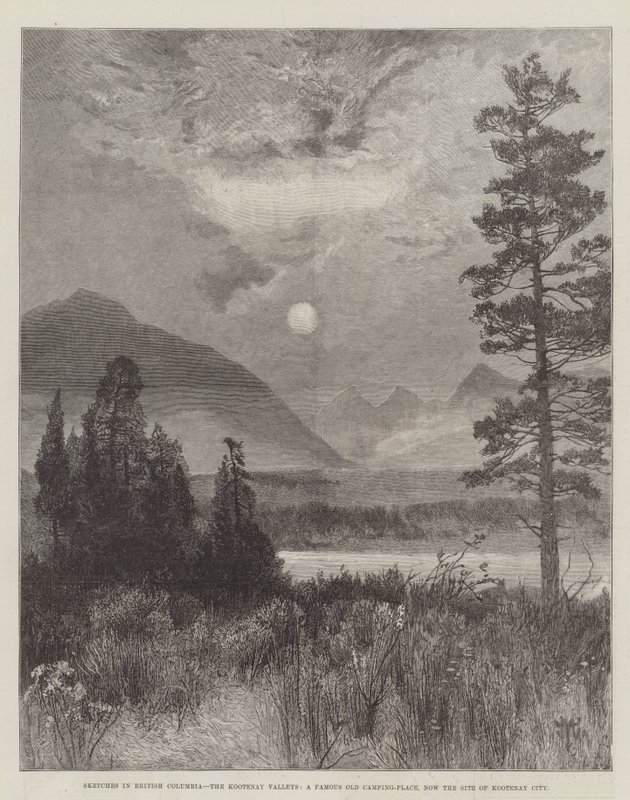 Skitser i British Columbia, Kootenay Valleys, en berømt gammel campingplads, nu stedet for Kootenay City af Thomas Moran