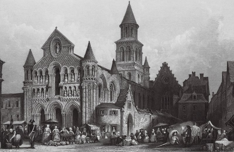 Notre Dame-kirken, Poitiers (kobberstik) af Thomas (after) Allom