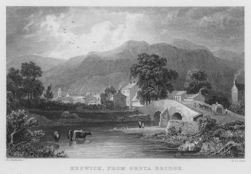 Keswick, fra Greta Bridge (gravering) af Thomas (after) Allom