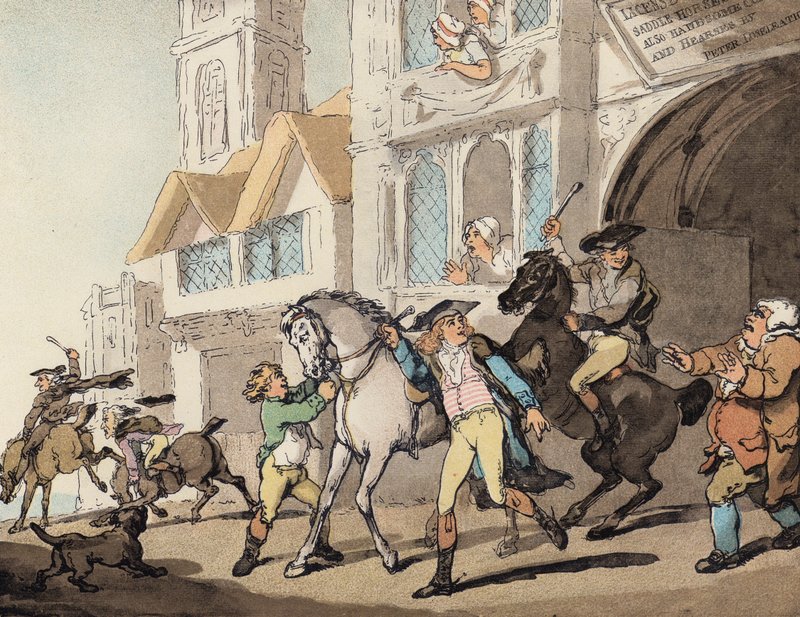 Afsted til en grævling-lokking (farve litho) af Thomas (after) Rowlandson