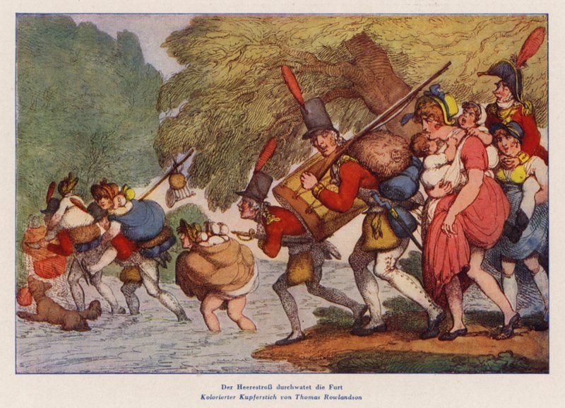 Soldater på en marts (farvet indgravering) af Thomas (after) Rowlandson