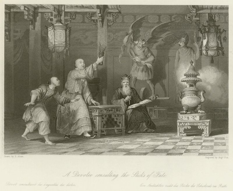 En hengiven, der konsulterer Sticks of Fate af Thomas Allom