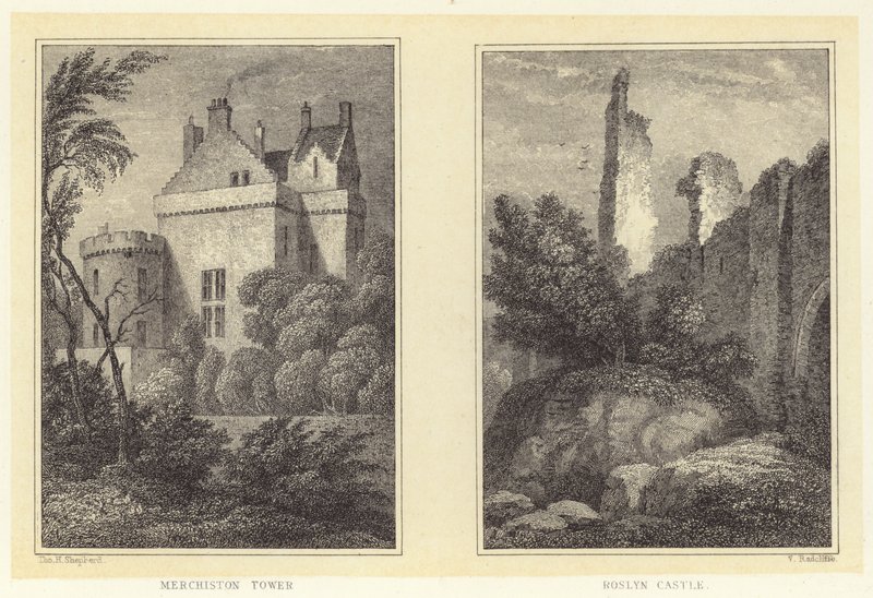 Merchiston Tower; Roslyn Castle (gravering) af Thomas Hosmer (after) Shepherd