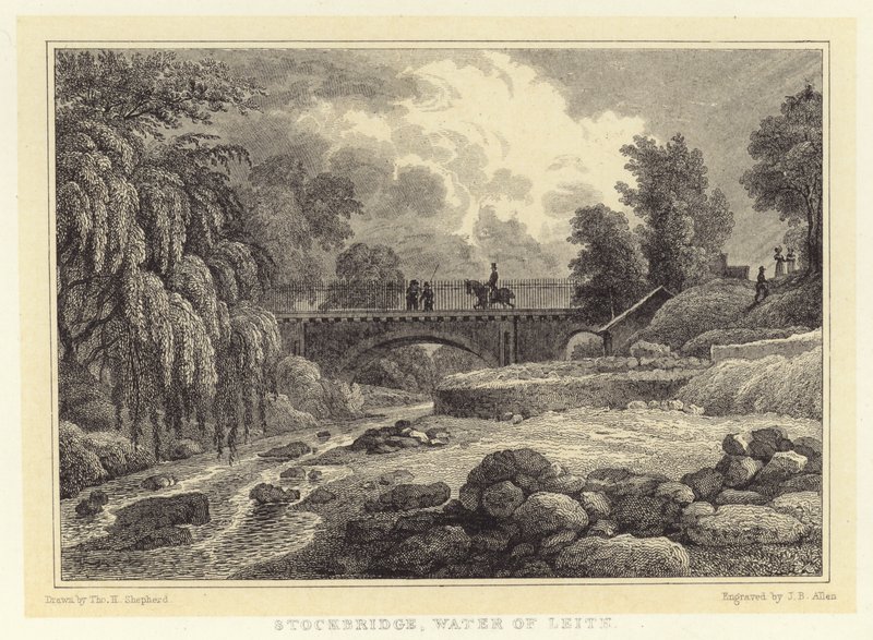 Stockbridge, Water of Leith (gravering) af Thomas Hosmer (after) Shepherd