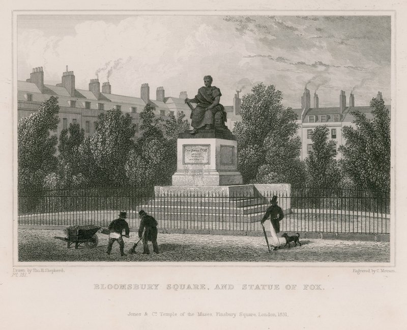 Bloomsbury Square og statue af Fox af Thomas Hosmer Shepherd