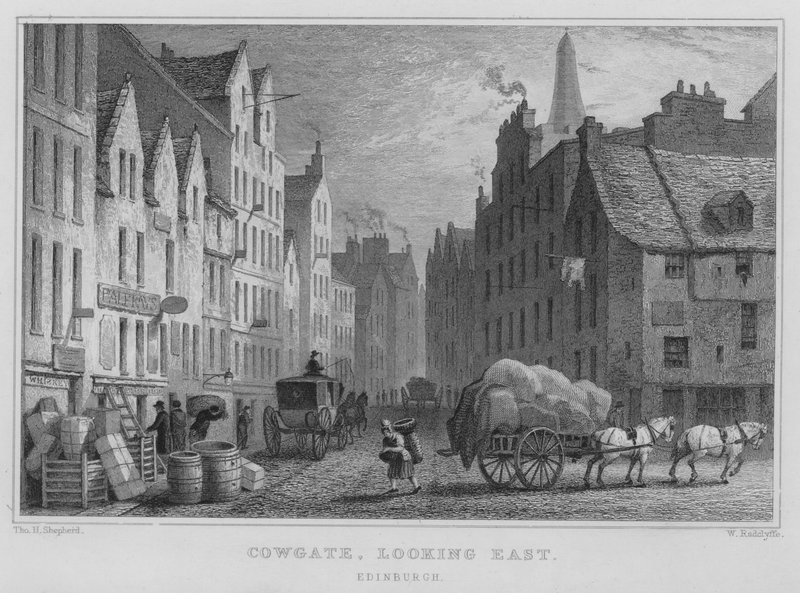 Cowgate, kigger mod øst, Edinburgh (gravering) af Thomas Hosmer Shepherd