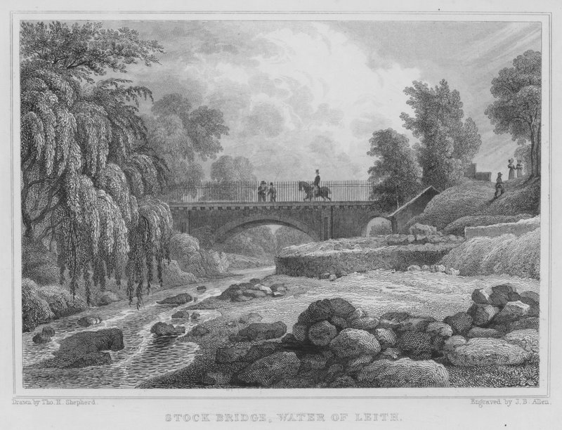 Stock Bridge, Water of Leith (gravering) af Thomas Hosmer Shepherd