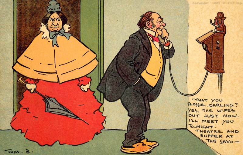 Teater og aftensmad på Savoyen (chromolitho) af Tom Browne