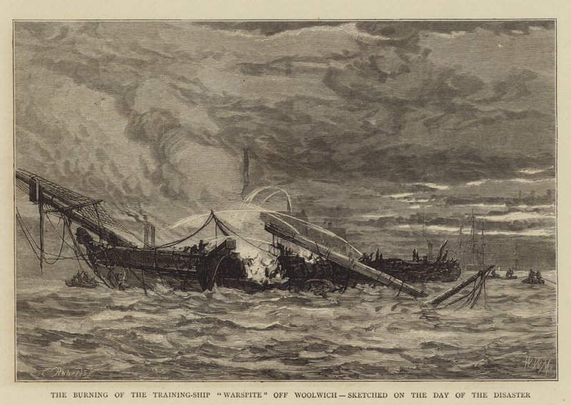 The Burning of the Training-Ship Warspite ud for Woolwich, skitseret på katastrofens dag af Walter William May