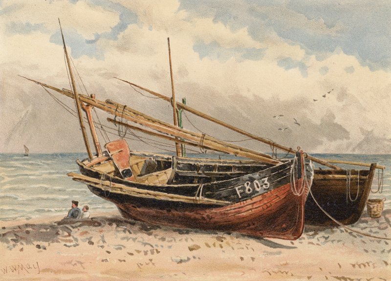Franske fiskerbåde, "Etretat" (farvelitografi) af Walter William May