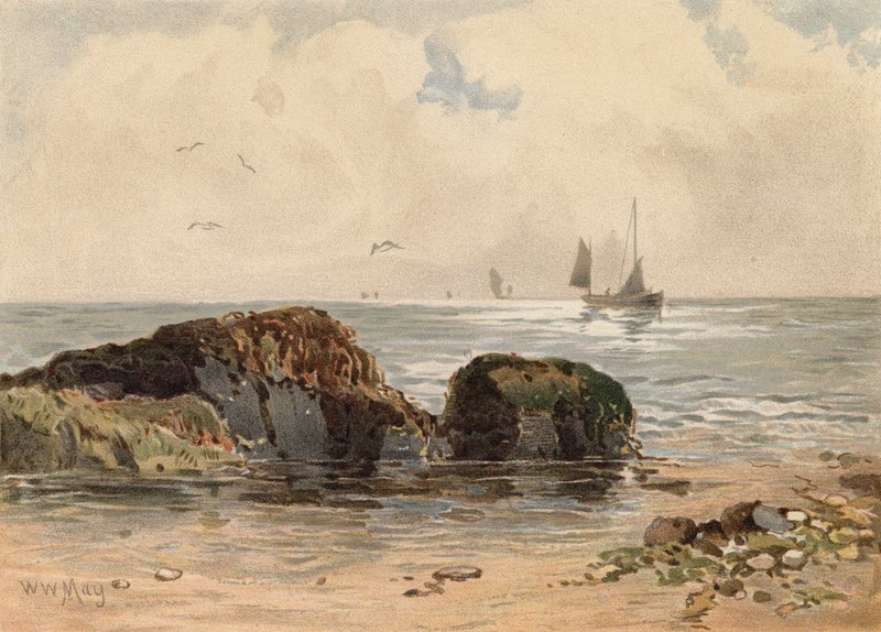 Klipper ved lavvande (farvelitografi) af Walter William May