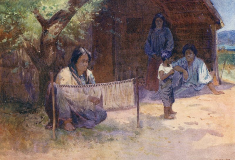 New Zealand: Weaving the Kaitaka (farvelitografi) af Walter Wright