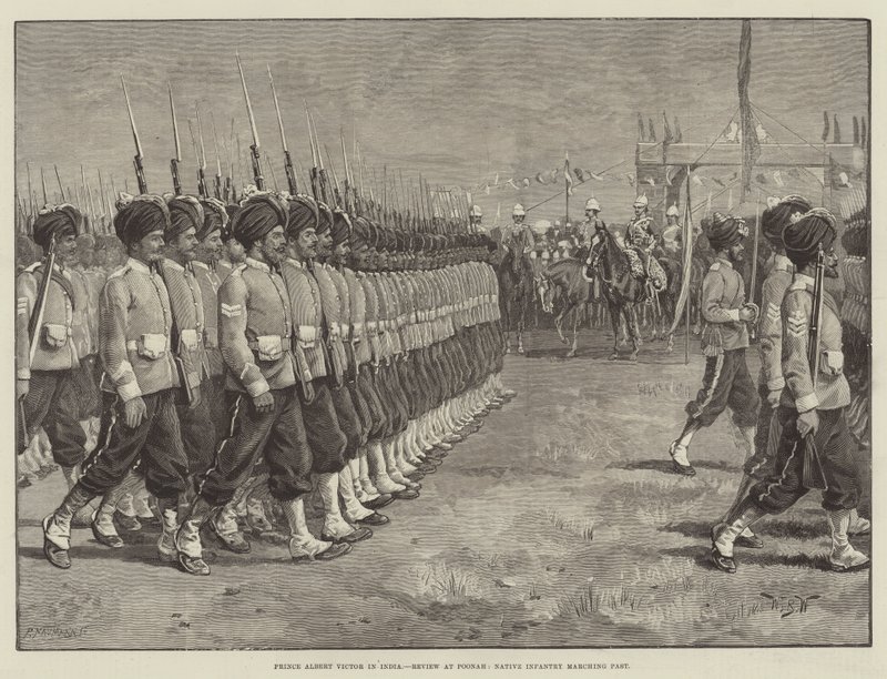 Prins Albert Victor i Indien, anmeldelse hos Poonah, indfødt infanteri marcherer forbi af William Barnes Wollen