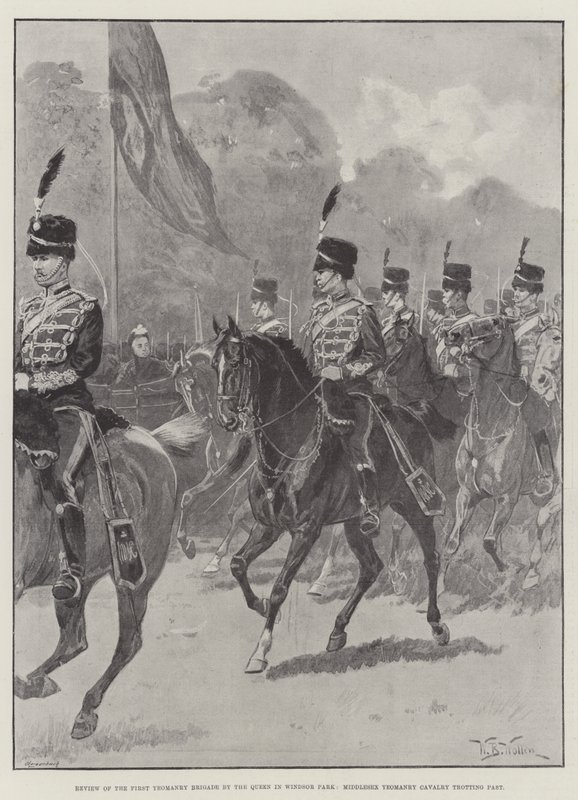 Gennemgang af First Yeomanry Brigade af dronningen i Windsor Park, Middlesex Yeomanry Cavalry traver forbi af William Barnes Wollen