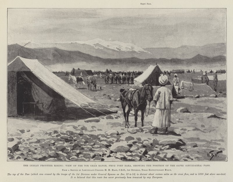 Indian Frontier Rising, udsigt over Tor Ghar Range, fra Fort Bara, der viser positionen af Sapri (Ghuzdarra) Pass af William Barnes Wollen