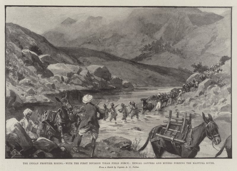 The Indian Frontier Rising, med First Division Tirah Field Force, bengalske sappere og minearbejdere, der begiver sig over Mastura-floden af William Barnes Wollen