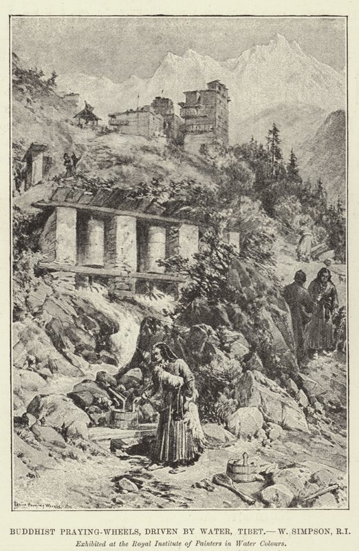 Buddhistiske bedehjul, drevet af vand, Tibet af William Crimea Simpson