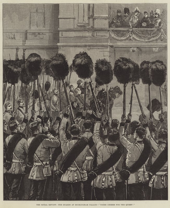 The Royal Review, vagterne ved Buckingham Palace, Tre jubel for dronningen! af William Heysham Overend